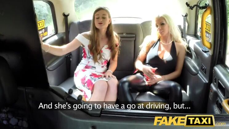 Fake Taxi Training the new female taxi driver in backseat threesome