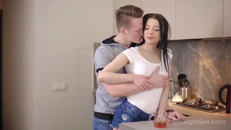 18 Virgin Sex - Sweet brunette surrenders to her excited boyfriend in kitch