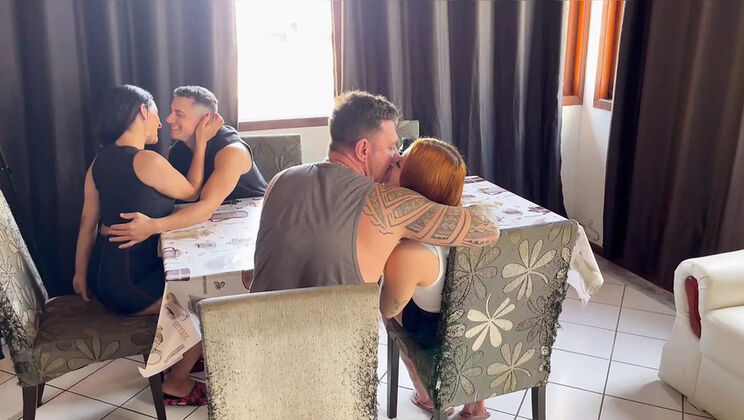 Hot Breakfast Fuck with Brunette Latina & Redhead MILF - Swinging Couple Swap Orgy