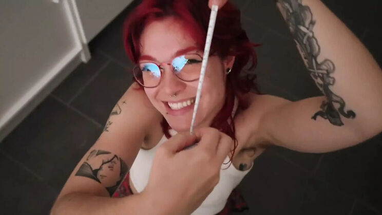 Nerdy German Girl Sofi Helps Friend Cedric Measure His Big Cock - POV Blowjob & Cum in Mouth