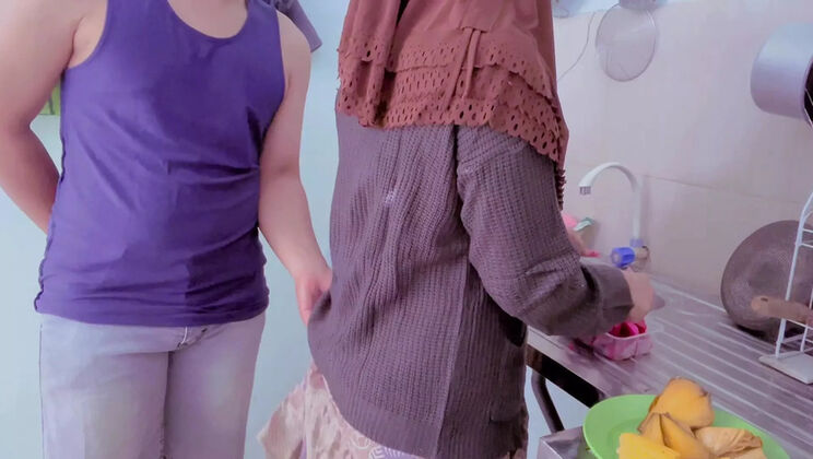 Hot Indonesian MILF in Hijab Seduced by Naughty Stepbro in Kitchen - Big Tits, Creampie