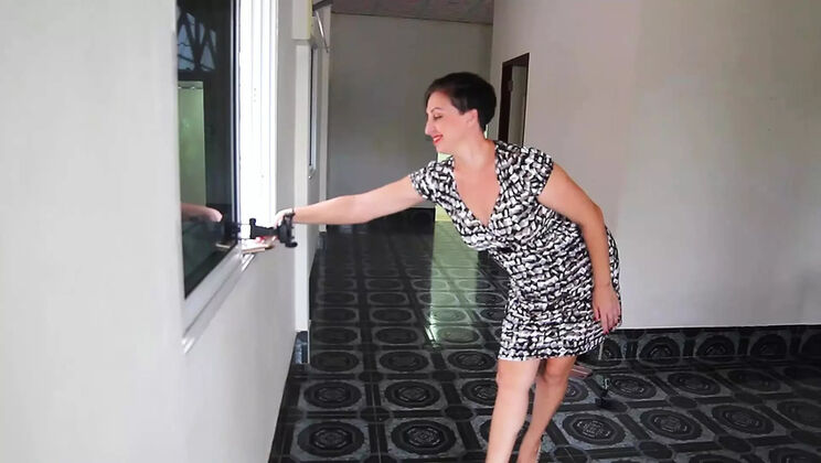 Hot Secretary Regina Noir Strips Out of Her Black & White Dress - No Panties & Horny